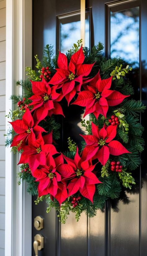 Diy Poinsettia Wreath, Christmas Wreaths With Poinsettias, Creative Ideas For Christmas, Spring Wreaths For Front Door, Wreaths Design, Christmas Wreath Ideas, Christmas Door Decoration, Poinsettia Wreath, Easy Christmas Wreaths