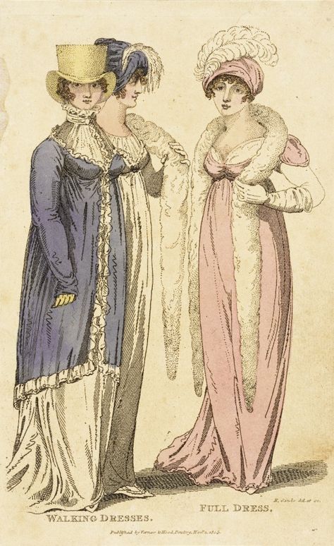 1805 November 1st. London.  Three ladies in Walking Dresses and Full Dress. Three hats, straw to plumed coches.  Vernor & Hood Poultry (active early 19th century) Fashion Plate http://collections.lacma.org/ Empire Outfit, 1800's Dress, Walking Dress, Regency Gown, Regency Era Fashion, Morning Dress, Museum Fashion, Jane Austin, 1800s Fashion