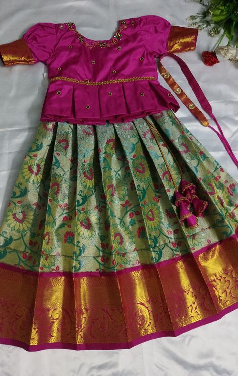 Traditional Wear/ Paavadai Sattai/ Floral Pattern Silk Fabric Pattu Langa, Kids Blouse Designs, Kids Blouse, Kids Dress Patterns, Silk Thread Bangles, Thread Bangles, Kids Fashion Dress, Toddler Girl Style, Kids Dresses