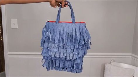 This is a guide to making a DIY fringe purse. Learn how to make a fringe jean purse with old denim using this easy step-by-step tutorial. Diy Fringe Bag How To Make, Purse Fringe Diy, Fringe Tote Shoulder Bag, Blue Fringe Shoulder Bag For Daily Use, Summer Blue Fringe Bag, Diy Fringe, Fringe Fabric, Fringe Jeans, Denim Bag Diy