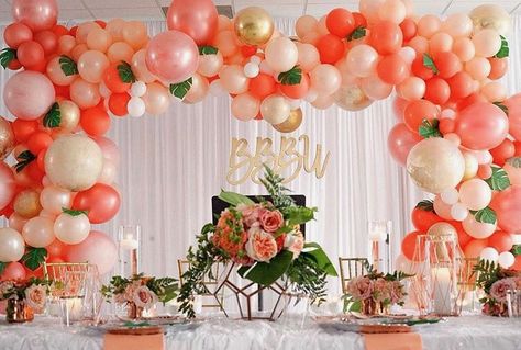 Peach & Coral Balloon Decor Coral Anniversary Party, Coral Birthday Decorations, Wedding Ballons, Flower Party Themes, Lion King Birthday Party Ideas, Rainbow Balloon Arch, Lion King Birthday, Happy 80th Birthday, Coral Decor