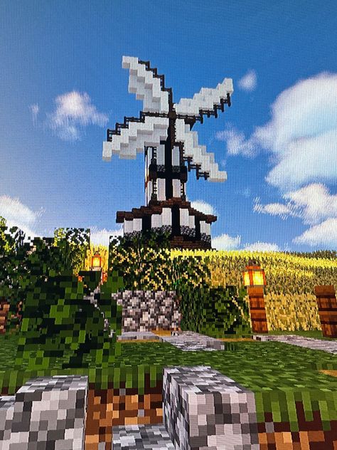 Wind Mill Minecraft, Minecraft Flower Field, Minecraft Field, Windmill Minecraft, Wind Mill, Minecraft Inspiration, Minecraft Inspo, Minecraft Stuff, Minecraft Builds