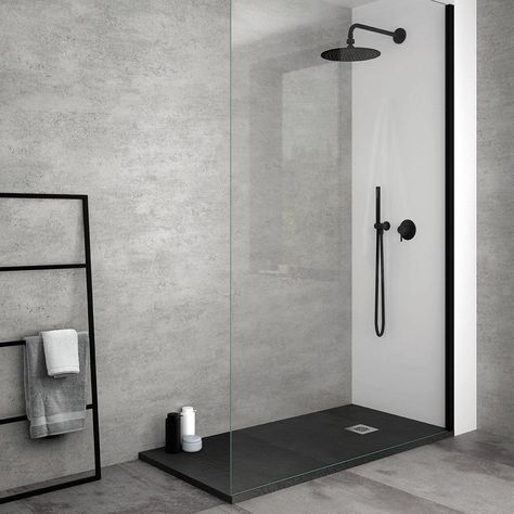 Black Slate Shower Tray, Shower With Tray Floor, Slate Effect Shower Tray, Black Shower Tray Bathroom Ideas, Shower Tray Ideas Walk In, Slate Shower Ideas, Grey Black Bathroom, Shower With Tray, Grey Shower Tray