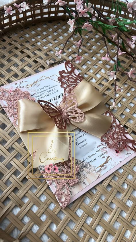 15 Quince Invitations, Rose Gold Butterfly Quince Shoes, Pink Champagne Quinceanera Invitations, Quince Invitations Pink Gold Glitter, Quincenera Invitations Pink And Gold, Pink Butterfly Quince Invitations, Pink And Gold Butterfly Sweet 16, Quincera Invitation, Blush Pink Butterfly Quinceanera Theme