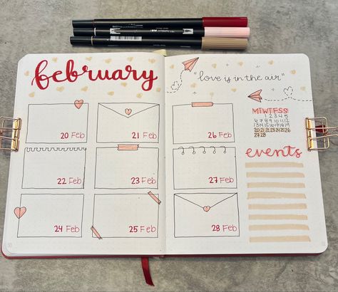 Positive Bujo Page, February Book Journal Spread, Letter Bujo Theme, February Weekly Planner, February Bujo Weekly Spread, Bujo Themes February, February Planner Layout, February Bujo Spread, February Journal Spread