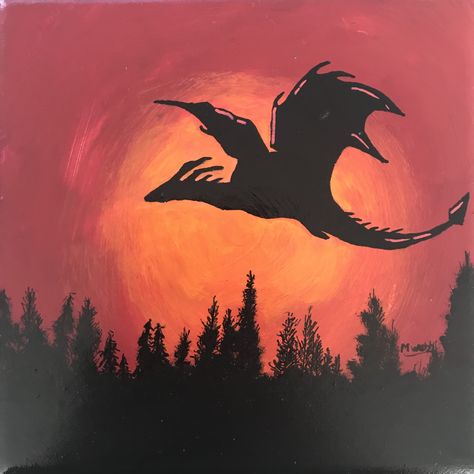 Dragon Silhouette Painting, Simple Dragon Painting, Dragon Painting Easy, Dragon Painting Acrylic Easy, Dragon Acrylic Painting, Dragon Paintings, Painted Tapestry, Forest Dragon, Nature Canvas Painting