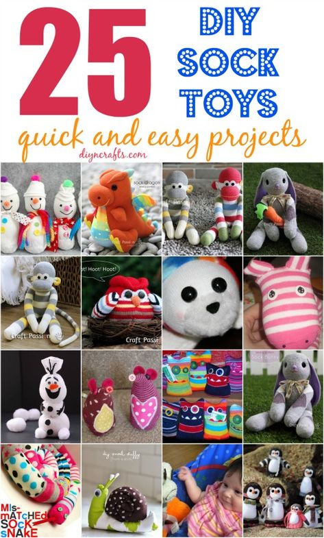 25 Hopelessly Adorable #DIY Sock Toys {Quick and Easy Projects}  I’ve got such a cute collection for you today. I found 25 wonderfully charming sock toys you can DIY. These are easy projects, and there is literally something in here for every child. Whether your little one likes bunnies, frogs, puppies, or even hobby horses, there is a sock animal that you can make to put a smile on his or her face. Grab some socks and let’s get started! Toys To Sew, Sock Animals Diy, Diy Sock Toys, Sock Puppets, Sock Dolls, Sock Doll, Sock Toys, Diy Socks, Sock Crafts