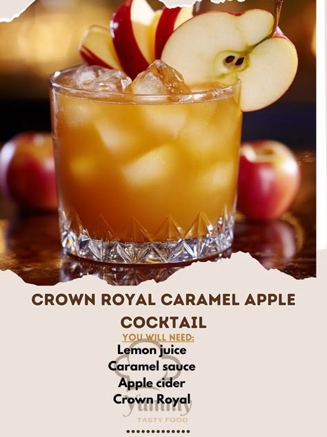 🍎🍸 Crown Royal Caramel Apple Cocktail – A sweet and smooth cocktail with caramel and apple flavors. Perfect for fall celebrations! 🍏🍹 #FallCocktails #AppleDrinks Crown Royal Caramel Apple Cocktail Ingredients: Crown Royal (2 oz) Apple cider (3 oz) Caramel sauce (1 tbsp) Lemon juice (1/2 oz) Ice (as needed) Apple slices (for garnish) Instructions: In a shaker, combine Crown Royal, apple cider, caramel sauce, and lemon juice. Shake well with ice. Strain into a glass filled with ice. Garnish... Crown Apple Fall Drinks, Crown Drinks Recipes, Crown Mixed Drinks, Crown Royal Apple Drinks Recipes, Drinks With Salted Caramel Crown Royal, Caramel Crown Royal Recipes, Crown Royal Apple Cider, Crown Royal Salted Caramel Drink Recipes, Salted Caramel Whiskey Drink Recipes