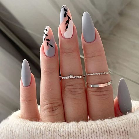 Step into summer with Vaveah 24 Pcs Press on Nails Medium! 💅🌞 Embrace your inner diva with these stunning acrylic stiletto fake nails. Featuring a gorgeous gray leaf design. Complete with nail glue, achieve a flawless and long-lasting manicure in minutes. 😍✨ #PressOnNails #SummerNails #MediumNails #VaveahNails #FakeNails #AcrylicNails #StilettoNails #GrayLeafNails #NailGlue #WomenNails #NailArt #StatementNails #FlawlessManicure #BeautyEssentials #SummerVibes #TrendyNails Pink White Nails, Simple Spring Nails, Summer Nail Polish, Summer Gel Nails, Spring Acrylic Nails, Acrylic Nail Set, Cute Spring Nails, Matte Nails Design, Dope Nail Designs