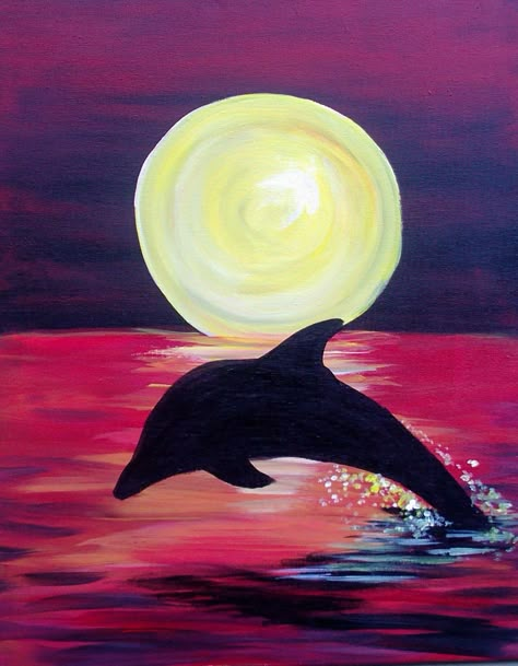 Dolphin Silhouette Dolphin Painting, Paint Night Ideas, Painting Ideas For Beginners, Beginner Art, Simple Acrylic, Paint Nite, Simple Canvas Paintings, Cute Canvas Paintings, Acrylic Painting Ideas