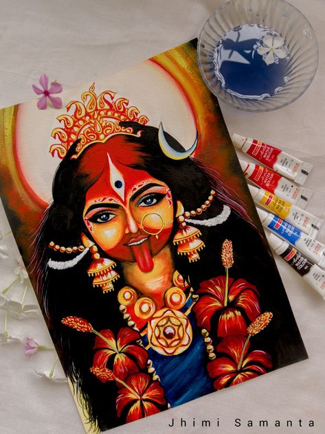 Kali Mata Paintings, Ma Durga Sketch, Kali Mata Art, Maa Durga Painting On Canvas, Ma Kali Drawing, Kali Maa Painting, Durga Painting Artworks, Bengali Art Paintings, Navratri Painting Ideas