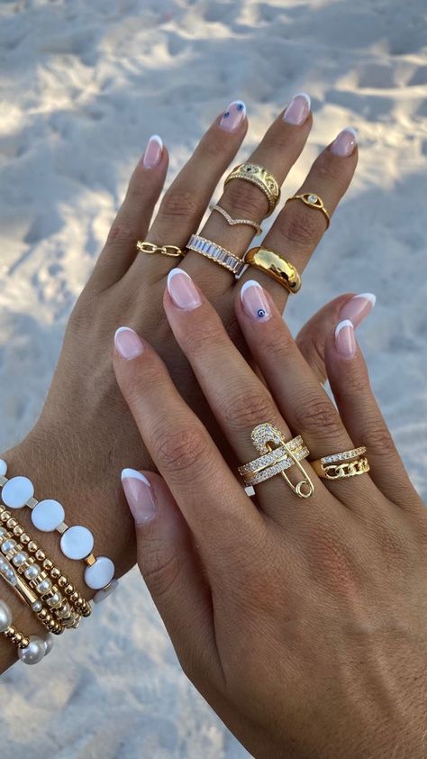 Nail Inspiration For Vacation, Vacation Nails Shellac, Gold And Evil Eye Nails, Italy Nail Inspiration, Evil Eye Inspired Nails, Neutral Evil Eye Nails, Italian Acrylic Nails, Amalfi Coast Inspired Nails, Nail Ideas For Italy