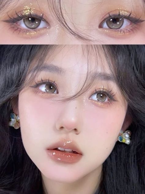 glitter eyeshadow look: soft brown eyes with gold glitter Glitter Eyeshadow Looks, Eyeshadow Brown, Asian Makeup Looks, Soft Makeup Looks, Cute Eye Makeup, Doll Eye Makeup, Korean Eye Makeup, Ethereal Makeup, Fancy Makeup