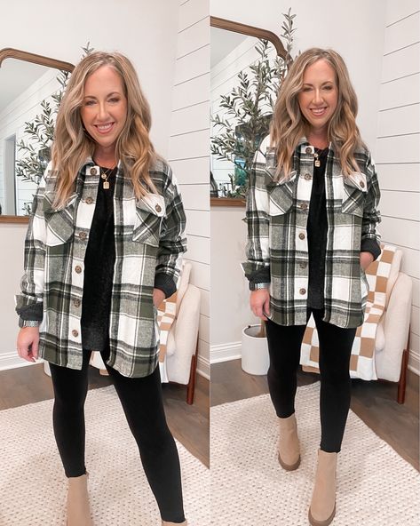 Buffalo Plaid Button Up Outfit, Winter Outfits With Flannels, Womens Flannel Shirt Outfits Fall, Flannel Outfits For Women Winter, Womens Flannel Shirt Outfits, Green Plaid Shirt Outfit, Plaid Shacket Outfit Women, Plaid Button Up Shirt Outfit, Plaid Flannel Shirt Outfit