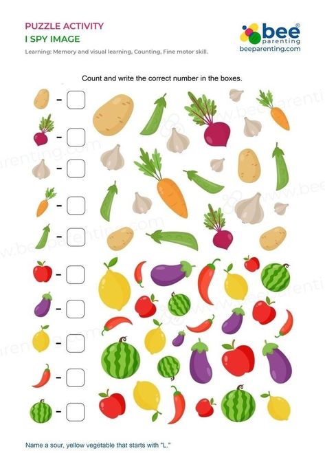 Printable Fruits, I Spy Printable, Kindergarten Math Worksheets Free, Visual Perception Activities, Fun Worksheets For Kids, Kids Worksheets Preschool, Alphabet Activities Preschool, Kids Math Worksheets, English Lessons For Kids