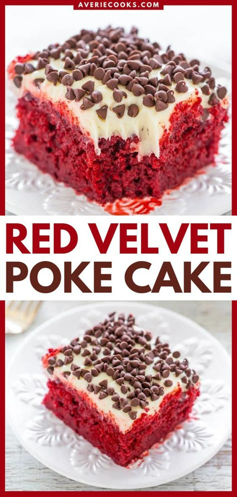 Easy Red Velvet Cake Recipe (A Poke Cake Recipe!) - Averie Cooks Red Velvet Cake Mix Recipes, Red Velvet Poke Cake, Easy Red Velvet Cake, Easy Red Velvet, Red Desserts, Red Velvet Recipes, Cream Cheese Frosting Cake, Red Velvet Cake Recipe, Velvet Cake Recipes