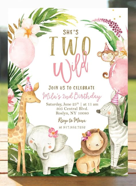 Two Wild Party Invitations, Two Wild Birthday Invite, Pink Jungle Theme Birthday, Pink Two Wild Party, Pink Safari Birthday Party Decoration, Wild 2 Birthday Party Girl, Welcome Two The Jungle Party Girl, Two Wild Birthday Invitations, Two Wild Girl Birthday