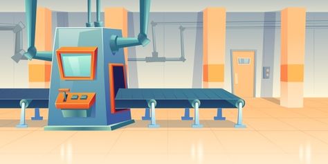 Conveyor belt and assembly machine at fa... | Free Vector #Freepik #freevector #cartoon #room #plant #factory Machine Illustration Factory, Cartoon Factory, Cartoon Interior, Factory Illustration, Cartoon Room, Engineering Equipment, Cute Valentines Day Ideas, Factory Interior, Kids Background