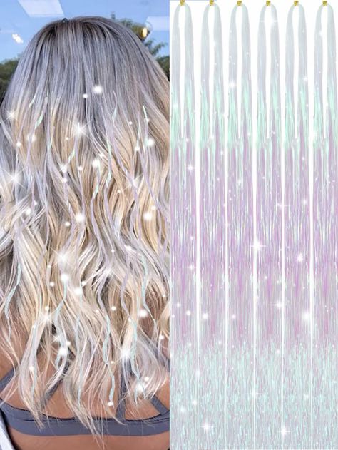 6pcs White Pink Hair Tinsel Kit (Without Tool), Fairy Hair Glitter Hair Extensions,Sparkling Shiny Hair Tinsel Tensile Hair Extensions For Women GirlsI discovered amazing products on SHEIN.com, come check them out! Tensile Hair, Pink Hair Tinsel, White Pink Hair, Glitter Hair Extensions, Hair Designs For Girls, Hair Glitter, Hair Tinsel, Fairy Hair, Face Jewellery