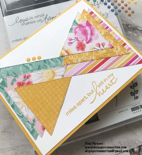 I made this fun card using the Stitched Triangles, Lovely You Stamp Set and Flowers For Every Season DSP. It is a really fun pattern and could be done with any type paper. Check out my blog and You Tube video for instructions on how to make it. www.mypaperconnection.com Strip Cards, Stampin Up Anleitung, You Tube Video, Designer Paper Cards, Scrappy Cards, Card Making Templates, Card Making Tutorials, Fancy Fold Cards, Su Cards