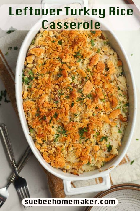 This Leftover Turkey Rice Casserole is a great way to use up holiday leftovers, and tastes amazing too. Make your own cream of chicken soup for a healthier creamy texture, and enjoy this delicious family favorite! Rice Turkey Casserole, Leftover Turkey Rice Casserole, Leftover Turkey And Rice Recipes, Turkey Rice Casserole Recipes, Turkey Leftover Recipes Casseroles, Turkey Broccoli Rice Casserole, Turkey Rice Recipes, Leftover Turkey Casserole Recipes, Turkey And Rice Recipes