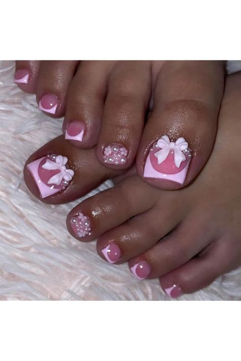 24 Pcs Nude Pink Press on Toenails Short - SHANRUN Square Fake Toe Nails Press ons Nail Art Tip Stick Glue on Nails with Pink French 5D Pearl Flowers Bow Design Full Cover Acrylic Beach False Toe Nail Nails With Pink French, Bows Nail Art, Nails With Pink, Press On Toenails, Nails Press Ons, Bow Nail Art, Pearl Flowers, Nails Press, Pink French