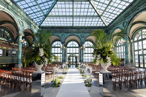 Palm Beach Chic Wedding at the Flagler Museum - Guests were greeted with champagne as they took their seats for the wedding ceremony in the opulent Beaux Arts-style pavilion. Following ceremony, cocktails and hors d’oeuvres were served on the terrace with views of the sun setting over the sparkling Intracoastal Waterway and Palm Beach skyline. Dinner and dancing commenced in the West Room where guests enjoyed a five star exquisitely catered meal and entertainment provided by an 11-piece band. Lowkey Wedding, Ceremony Cocktails, Beach Chic Wedding, Millennial Wedding, Flagler Museum, Palm Beach Chic, Palm Beach Wedding, Intracoastal Waterway, Greenhouse Wedding