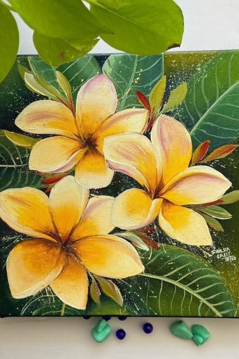 Cute Drawings With Acrylic Paint, Modern Art For Beginners, Acrylic Easy Flower Painting, Painting Flower On Canvas, Flower Painting In Canvas, Frangipani Painting Acrylics, Plumeria Art Painting, Acrylic Painting On Large Canvas, Colorful Flower Painting Acrylics