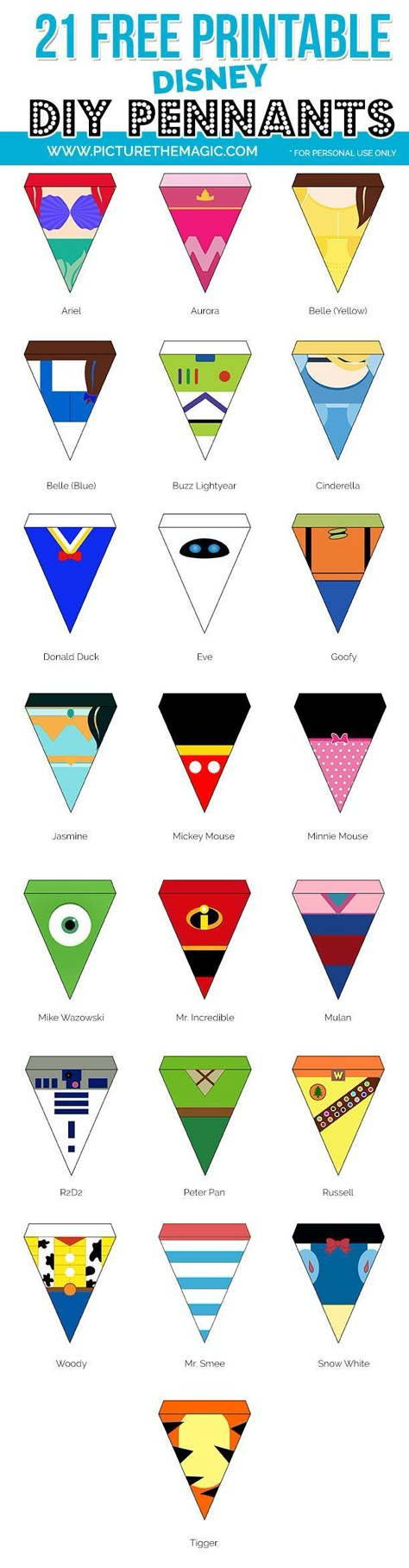 Download banner art for your very own Disney pennants. Free, easy to assemble. Characters include Mickey, Minnie, Donald, Woody, the princesses, and more. Diy Pennant, Diy Pennant Banner, Pixar Party, Disney Themed Classroom, Disney Cruise Door, Deco Disney, Scrapbook Disney, Disney Classroom, Tema Disney