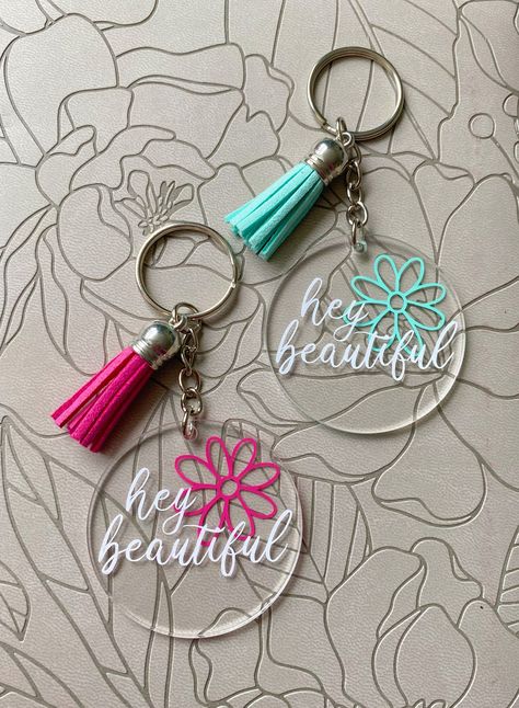 the perfect gift for any friends or loved ones to remind them that they are beautiful! hang it in your car, on your keys, or anywhere else you can think of to remind you that you are beautiful! tassel colour and design colours are customizable. acrylic circle size: 5cm x 5cm please note that the default shipping method does not include tracking, and is shipped by regular letter mail. orders usually take 1-2 weeks to be delivered depending on your location. however, items can take up to 4 weeks t Acrylic Round Keychain Ideas, Circle Keychain Ideas, Acrylic Keychain Ideas Vinyl, Vinyl Keychain Ideas, Keychain Design Ideas, Acrylic Key Chains, Door Hangers Diy, Round Keychain, Art Projects For Teens