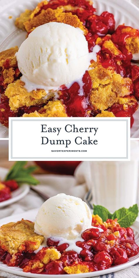 With only FIVE ingredients, you can have this EASY Cherry Dump Cake recipe ready in under one hour! Serve with a scoop of vanilla ice cream! Easy Cherry Dump Cake, Cherry Pineapple Dump Cake Recipes, Pineapple Dump Cake Recipe, Cherry Pineapple Dump Cake, Cherry Dump Cake Recipe, Pineapple Dump Cake, Easy Dump Cake Recipe, Homemade Cake Mixes, Cherry Dump Cake