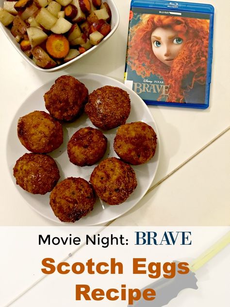 Make it a family movie night. Watch Brave and enjoy Scotch Eggs. Disney Brave Recipes, Flubber Movie Night Food, Brave Dinner And A Movie, Disney Movie Recipes, Brave Movie Night, Movie Foods, Movie Recipes, Theme Dinners, Themed Meals