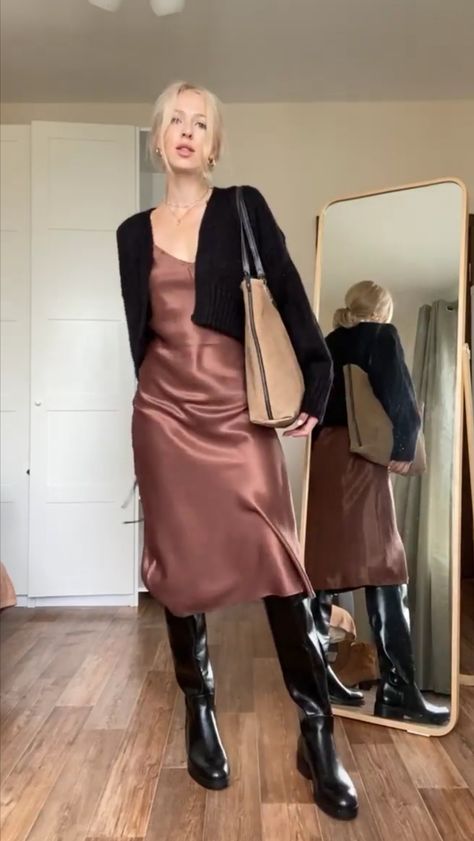 How To Style Silk Dress, How To Style Slip Dress, Black Slip Dress Outfit, Dresses With Black Tights, Slip Dress Outfit, Pink Silk Dress, Silk Satin Dress, Black Slip Dress, Silk Slip Dress