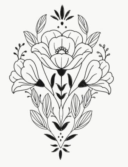 Western Flower Drawing, Symmetrical Flower Tattoo, B Tattoos, Folk Tattoo, Traditional Tattoo Outline, 42 Tattoo, Art Nouveau Tattoo, Nouveau Tattoo, Tattoo Portfolio