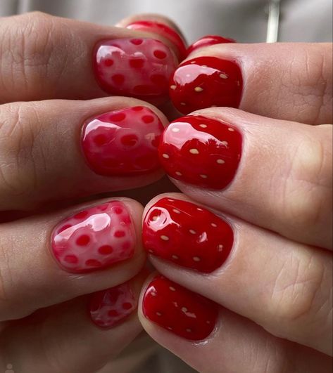 On instagram by @nailsohigh Red Nails Ideas Aesthetic, Fishbowl Nails, Fruit Nails Art, Fall Unique Nails, Food Inspired Nails, Flower Jelly Nails, Chilli Nail Art, Short Nail Polish Ideas, Veggie Nails