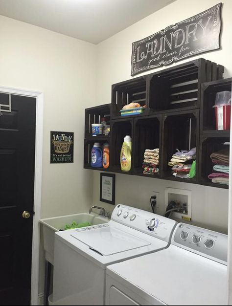 Laundry Room Cleaning Closet, Wooden Crates In Laundry Room, Garage Laundry Room Ideas Diy, Dollar Tree Laundry Room, Home Organization Laundry Room, Laundry Area In Garage, Mobile Home Organization, Laundry Organization Ideas Storage, Laundry Shelving Ideas