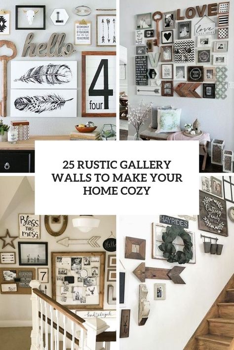 rustic gallery walls to make your home cozy cover Wall Decor With Big Clock, Decorating With Canvas Photos, Boho Wall Picture Collage Ideas, Wall Gallery Ideas Living Room, Gallery Wall With Clock, Gallery Wall Rustic, Gallery Wall Farmhouse, Rustic Gallery Wall, Farmhouse Gallery Wall