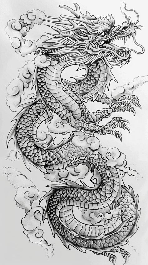 Traditional Chinese Dragon Outline in Black Ink Traditional Chinese Dragon Tattoos, Chinese Dragon Outline, Traditional Chinese Dragon Art, Dragon Tattoo Calf, Traditional Chinese Tattoo, Dragon Tattoo Outline, Dragon Outline, Chinese Dragon Tattoo, Dragon Tattoo Stencil