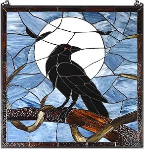 Bieye W10097 Tiffany Style Stained Glass Window Panel with Raven Sitting on Bare Tree Branch against Full Moon Scene for Halloween Decor (Dark Blue, 22" Wx22 H Square) Crow Stained Glass Pattern, Stained Glass Raven, Window Panel Decor, Stained Glass Patterns Free, Tiffany Stained Glass, Stained Glass Window Panel, Bare Tree, Stained Glass Panels, Tiffany Style