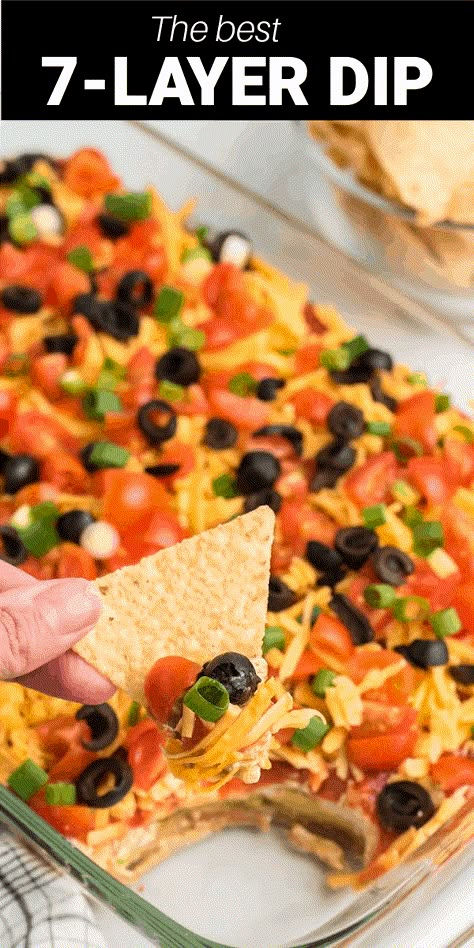 This 7-Layer Dip is perfect for parties, tailgates, or just a fun night of snacking at home. With seven layers of cheese, refried beans, black olives, green onions, and more, you're going to love the flavor and taste of each and every dip. Moms Seven Layer Dip, Taco Dip Tray, Seven Layer Taco Dip Refried Beans, Party Ourderves, Layered Refried Bean Dip, 7 Layer Dip Mexican, Taco Dip With Refried Beans, Mexican Layer Dip Recipe, Taco Dips