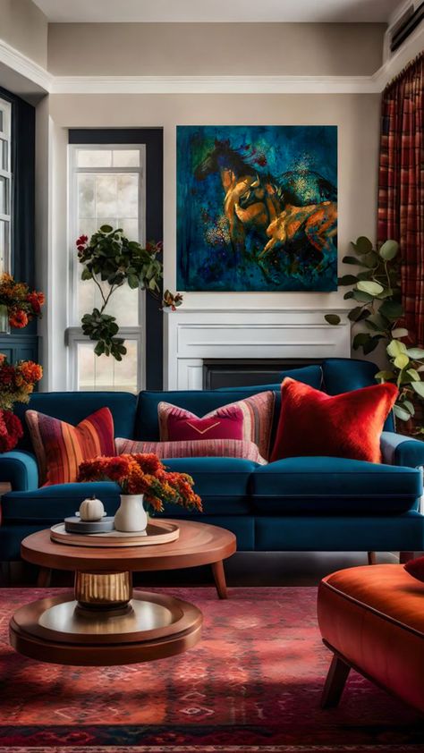 Horse Painting by Olivia Lee Hiller Blue And Orange Living Room, Burnt Orange Living Room, Blue Sofa Living, Blue Couch Living Room, Cabin Room, Cabin Living Room, Colourful Living Room Decor, Living Room Orange, Living Room Red