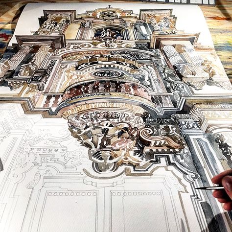 making of Palace of San Telmo on Behance Architecture Antique, Art Alevel, A Level Art Sketchbook, Watercolor Architecture, Architecture Sketchbook, Architecture Design Sketch, Architecture Design Drawing, Architecture Drawing Art, Architectural Sketch