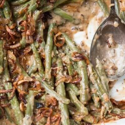 Heritage Green Bean Casserole with Crispy Shallots - Oh Sweet Basil Thanksgiving Green Beans, Homemade Green Bean Casserole, Golden Mushroom Soup, Vegan Green Bean Casserole, Oh Sweet Basil, Ground Beef And Potatoes, Crispy Shallots, Greenbean Casserole Recipe, Creamy Mushroom Sauce