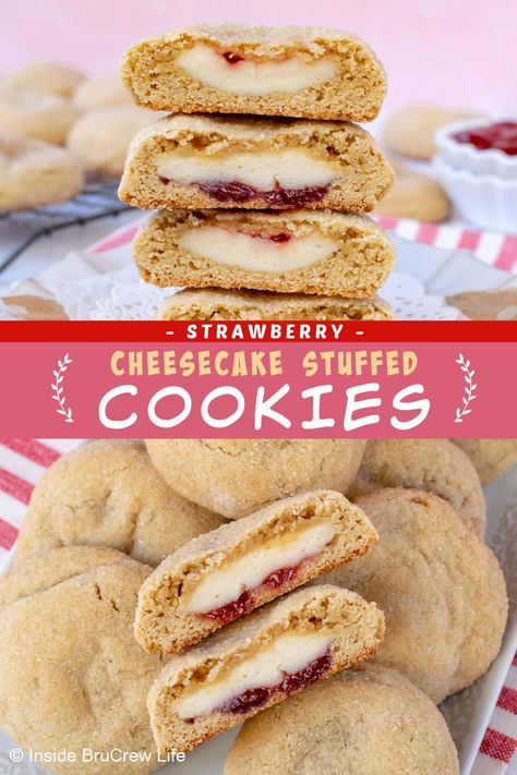 Jelly Stuffed Cookies, Strawberry Jelly Cookies, Strawberry Cheesecake Stuffed Cookies, Cheesecake Stuffed Cookies, Strawberry Cream Cheese Cookies, Strawberry Cheesecake Cookies, Easy Strawberry Cheesecake, Strawberry Sugar Cookies, Strawberry Sugar