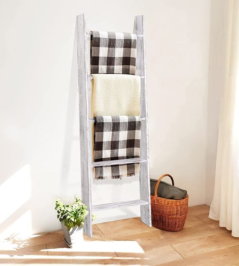 Farmhouse Blanket Ladder, Wood Blanket Ladder, Farmhouse Blankets, Diy Blanket Ladder, Blanket Ladder, Boho Chic Furniture, Decorative Blankets, Boho Chic Decor, Rustic White