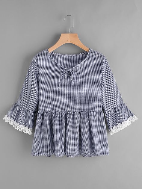 Shop Gingham Bell Sleeve Lace Trim Smock Top online. SheIn offers Gingham Bell Sleeve Lace Trim Smock Top & more to fit your fashionable needs. Style Hijab Casual, Áo Blu, Mode Boho, Kid Fashion, Fashion Tops Blouse, Smock Top, Fashion Tops, Stylish Dresses, Bell Sleeve