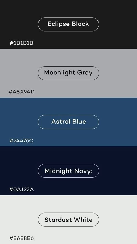 Celestial Color Palette, Night Color Palette, Blue Color Pallet, Blue Pallets, Unique Color Schemes, Silver Color Palette, Blue Website, Navy Color Palette, Rgb Color Codes