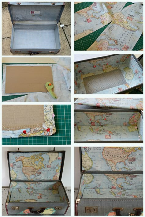 Update a vintage suitcase by lining it with some map fabric.  You should also see the decoupage map on the outside of this suitcase.  Awesome upcycle! Vintage Suitcase Wedding, Trunk Makeover, Suitcase Table, Suitcase Decor, Diy Suitcase, Map Fabric, Map Crafts, Old Suitcases, Vintage Suitcases