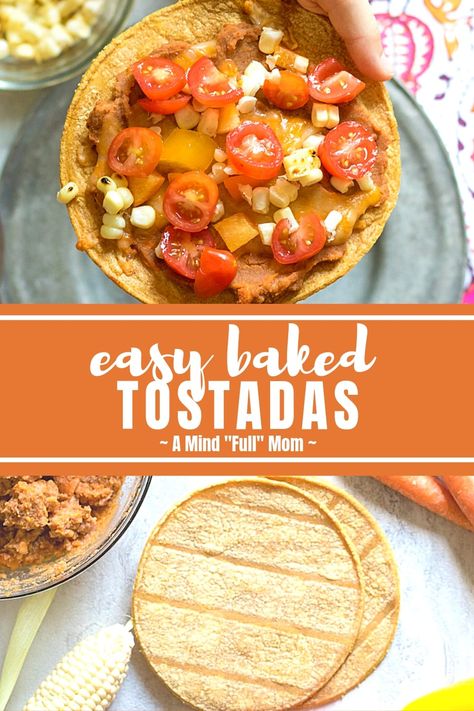 Homemade Tostadas are loaded with veggies and Mexican flavors for an irresistible healthy recipe. These Baked Tostadas are made with crisp corn tortillas, refried beans, cheese, and fresh vegetables.  This kid-friendly meal packs a huge dose of vegetables in each serving. Corn Tortilla Tostada, Refried Bean Tostadas, Homemade Tostadas, Baked Corn Tortillas, Baked Tostadas, Tostadas Recipe, Easy Lunch Box Recipes, Corn Tortilla Recipes, Tostada Recipes