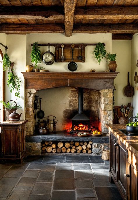 Rustic Kitchen Log Home Kitchen Countertops, Old Rustic Kitchen, Tower Cabin, Rustic Log Cabin Kitchens, Log Kitchen, Traditional Rustic Kitchen, Irish Cottage Interiors, Rustic Chic Kitchen, Log Cabin Kitchens